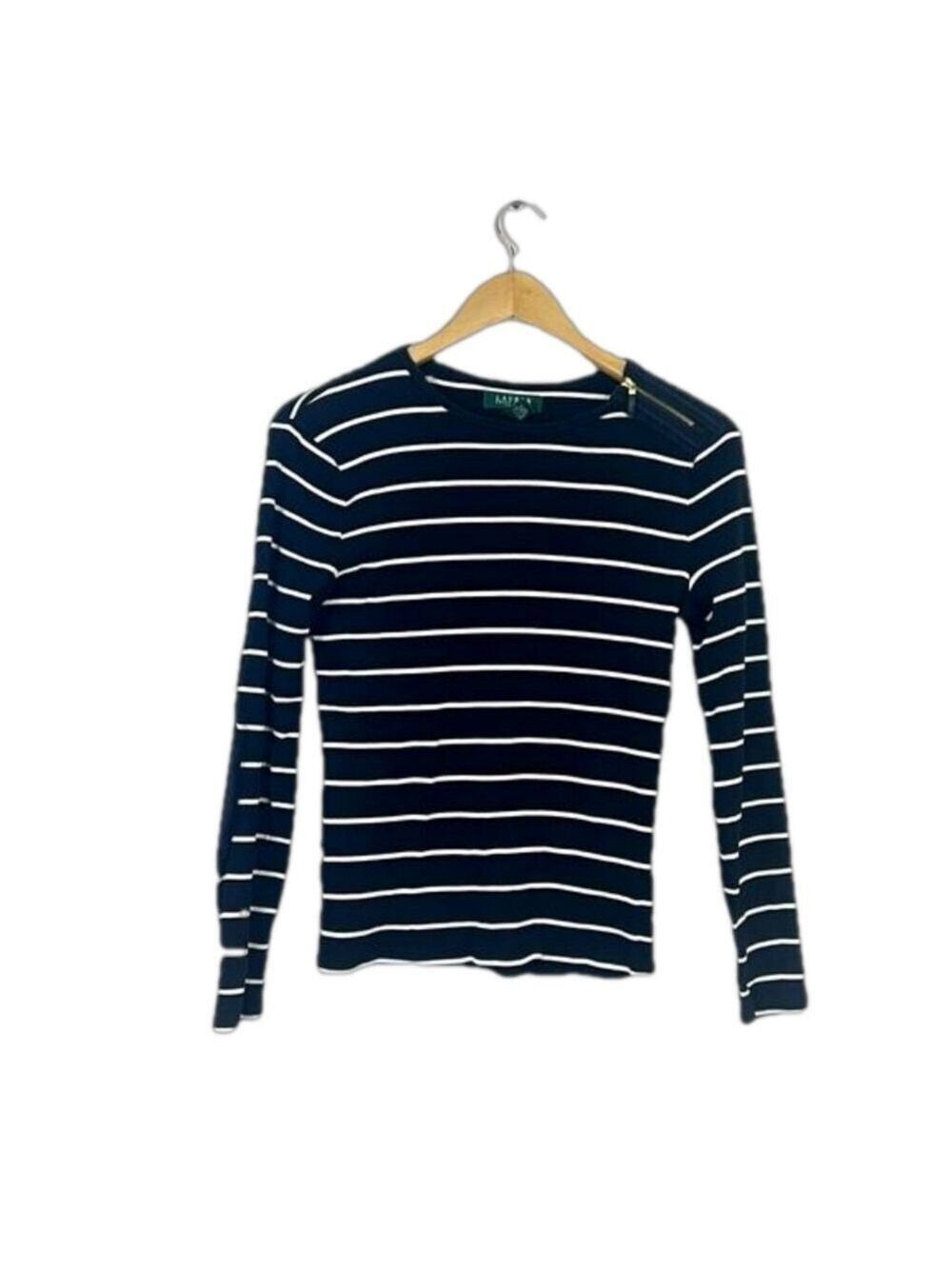 Ralph Lauren Mp Rib Knit Sweater Black White Striped 100% Cotton Long Sleeves